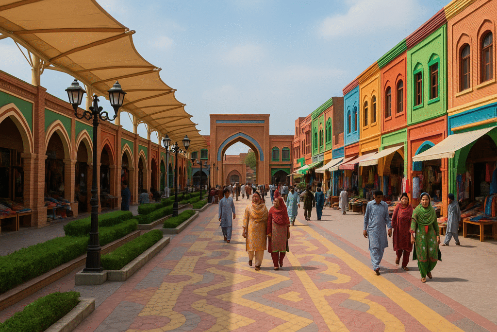 Officials review development plans for the Pind Dadan Khan model bazaar under the beautification project.