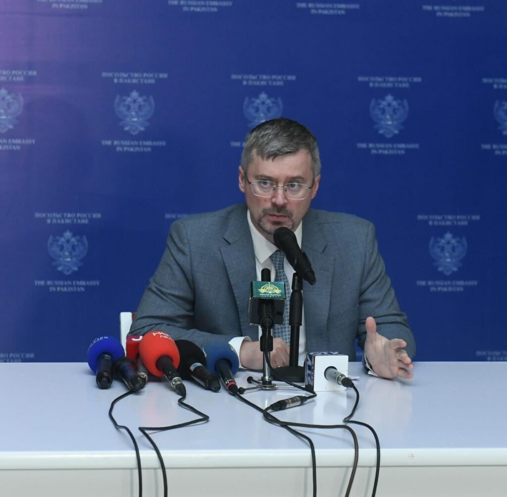 Russia’s ambassador in Islamabad briefing journalists on Ukraine and Western policies.