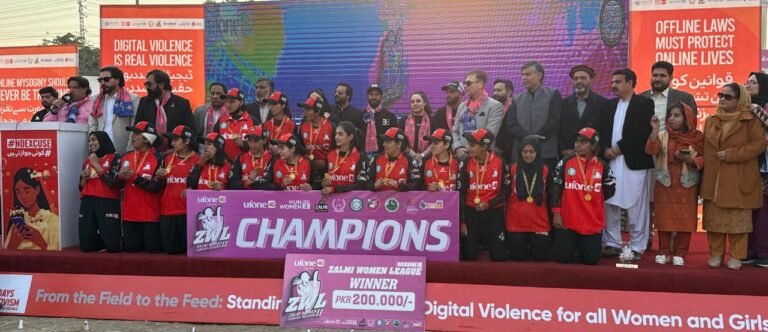 Players celebrate after Hazara win the Zalmi Women's Cricket League Season 2 final in Peshawar.