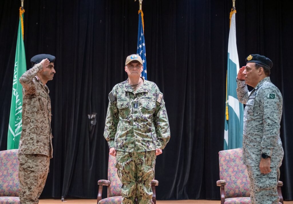 Pakistan Navy officer assumes command of Combined Task Force-150 during the change of command ceremony in Bahrain.