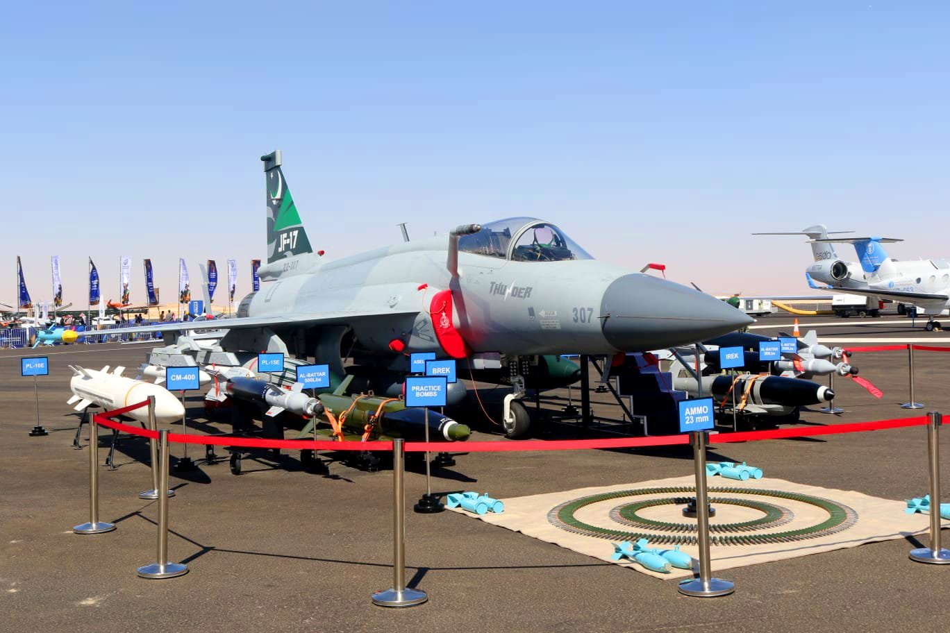 Pakistan Air Force displays JF-17 Block III and Super Mushshak aircraft at World Defence Show 2026 in Saudi Arabia.
