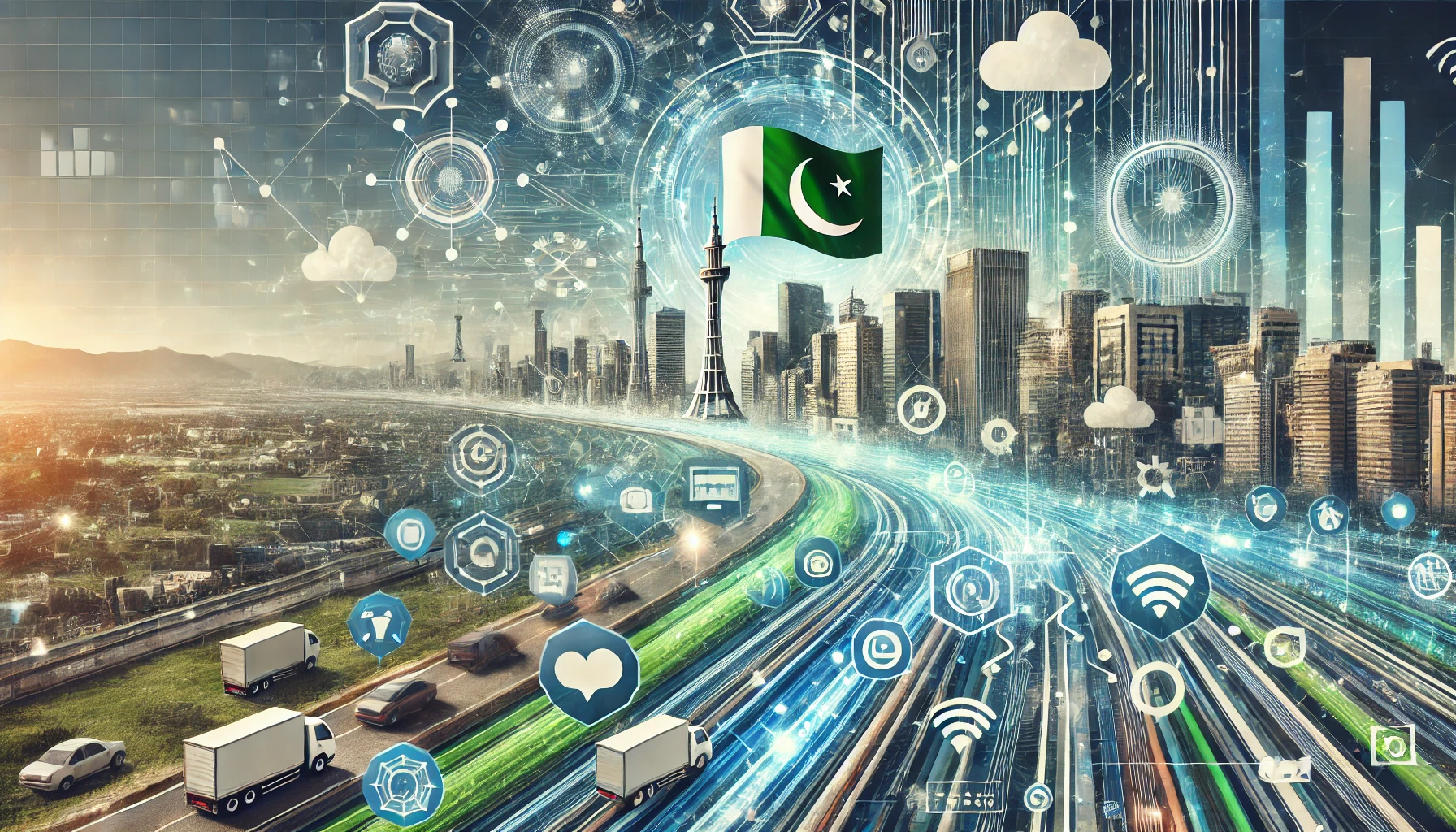DALL·E 2024 08 30 12.28.38 A 16 9 landscape image representing the rapid growth and innovation of a digital telecom brand in Pakistan. The image should feature elements like dig